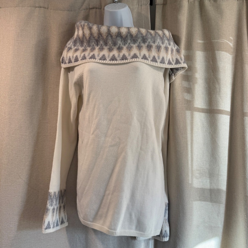 White House Black Market Sweater Off Shoulder Fair Isle Knit Cream Size L